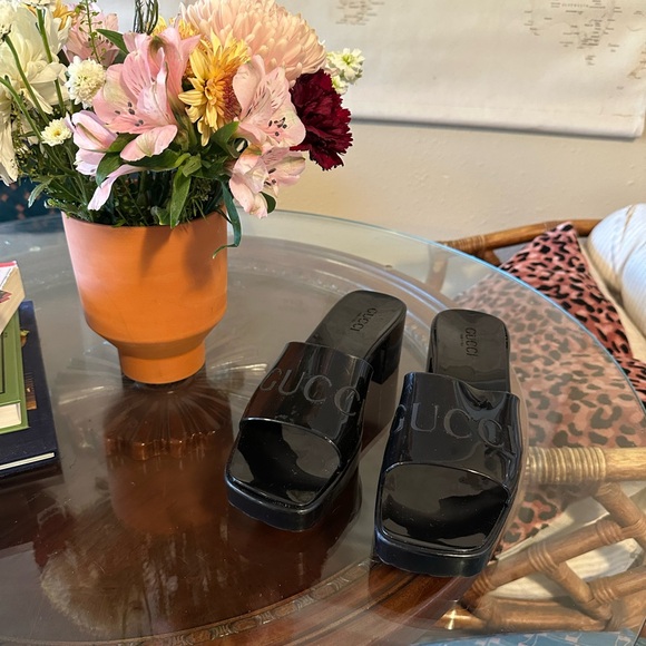Gucci Shoes - Gucci Plastique Resort Black Jelly Platform Slides
